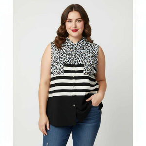 LuLaRoe Roxanne Animal Print Stripe Sleeveless Snap Front Collared Shirt 2XL